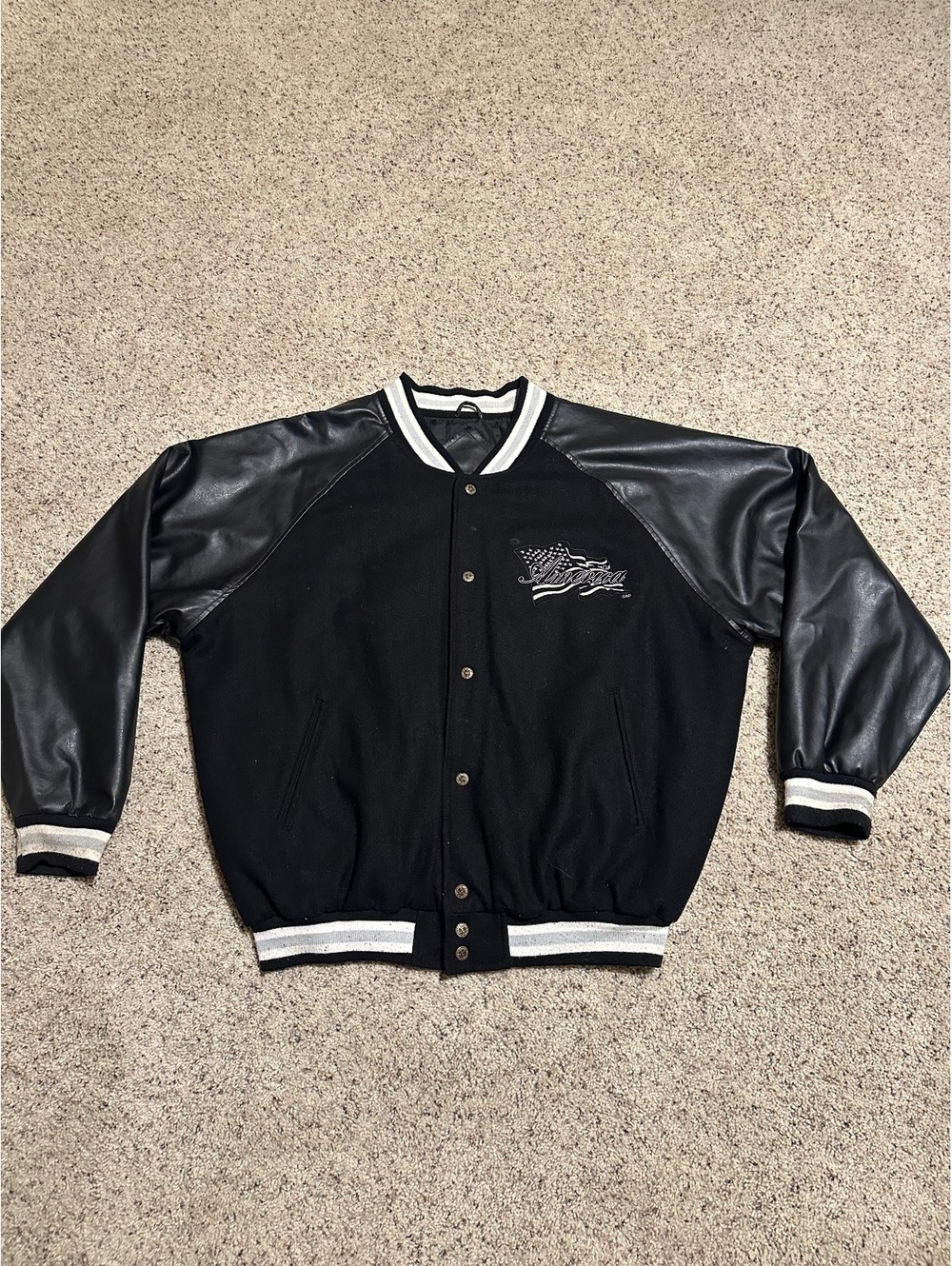 Steve & Barry's Black and Leather Varsity Jacket with America Flag Patch